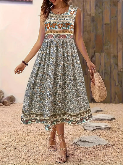 Plus Size Floral Print Sleeveless Midi Dress Multicolor