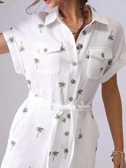 Palm Tree Print Short Sleeve Button-Up Romper with Belt
