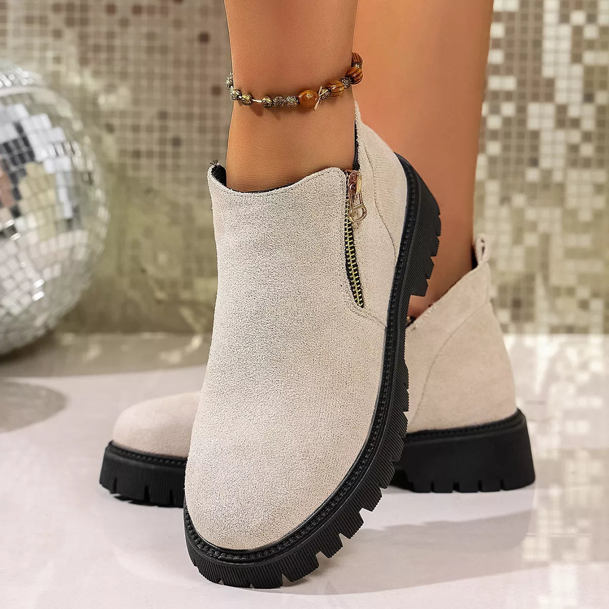 Round Toe Side Zip Ankle Boots Ivory