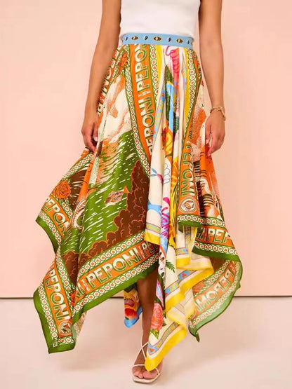 Printed Asymmetrical Hem Maxi Skirt Multicolor