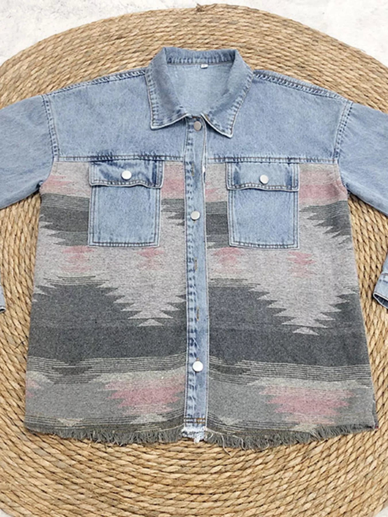 Printed Botton Down Long Sleeve Denim Jacket