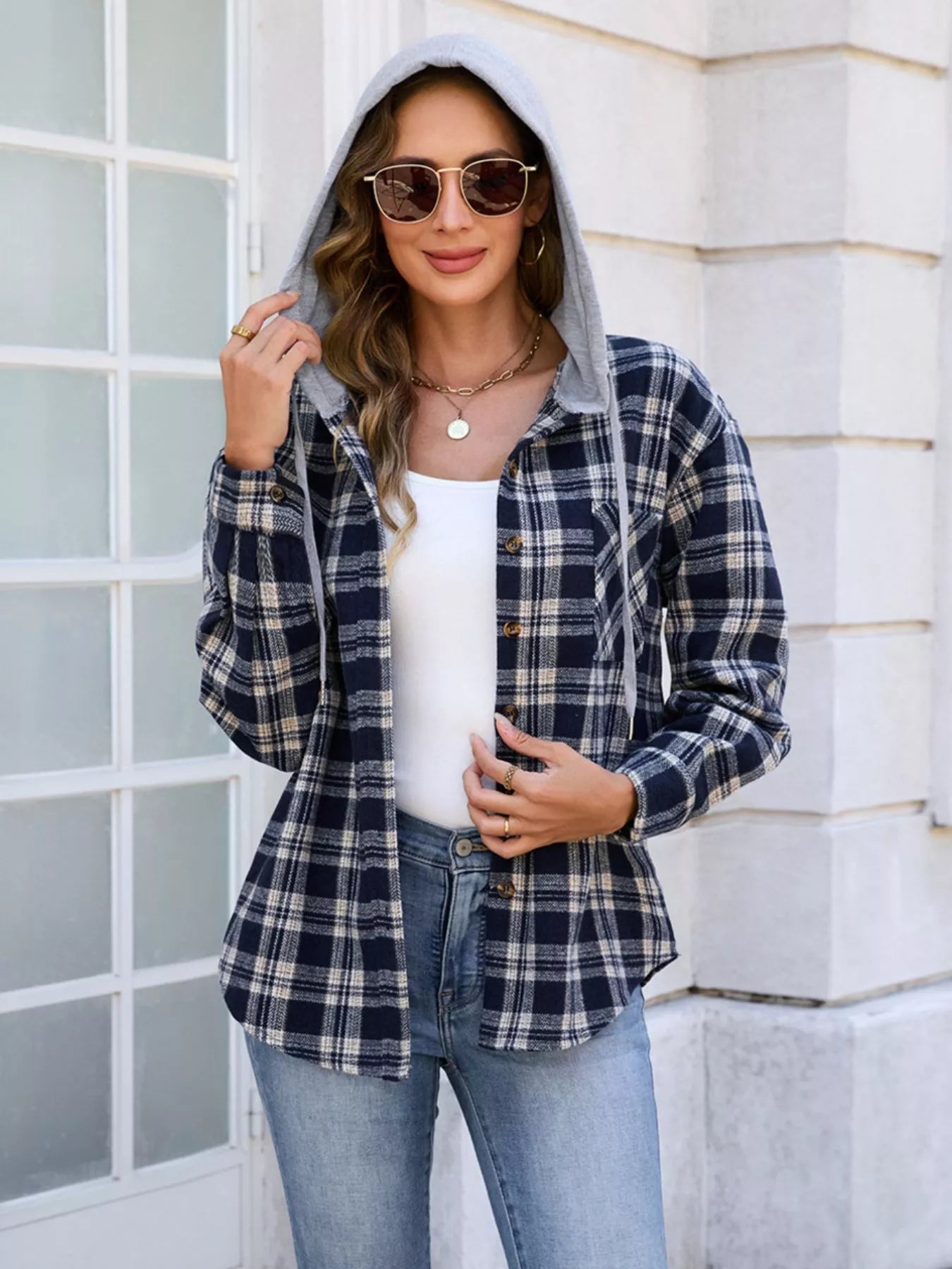 Hooded Plaid Button-Up Shacket