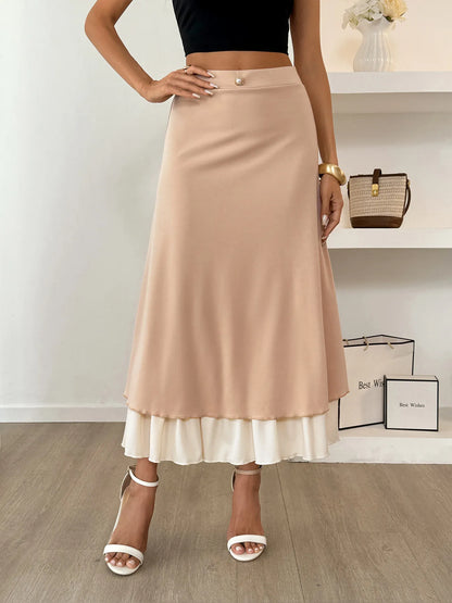 Layered Midi Skirt with Contrast Hem Detail Khaki