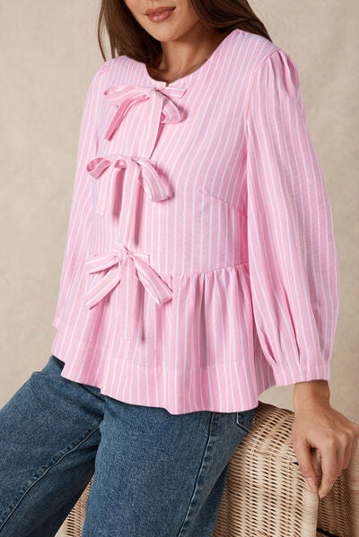 Tied Bow Striped Round Neck Blouse Blush Pink XL