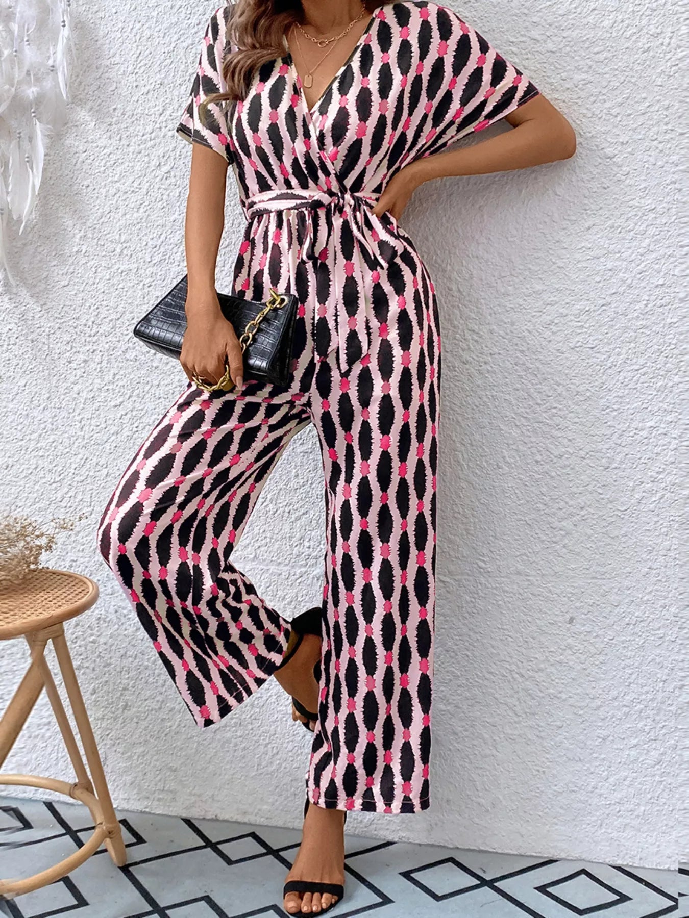 Printed Surplice Tie Waist Short Sleeve Jumpsuit Dusty Pink