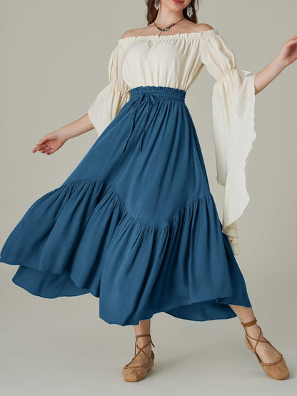 Smocked Waist Band Ruched Layered Skirt Deep Teal