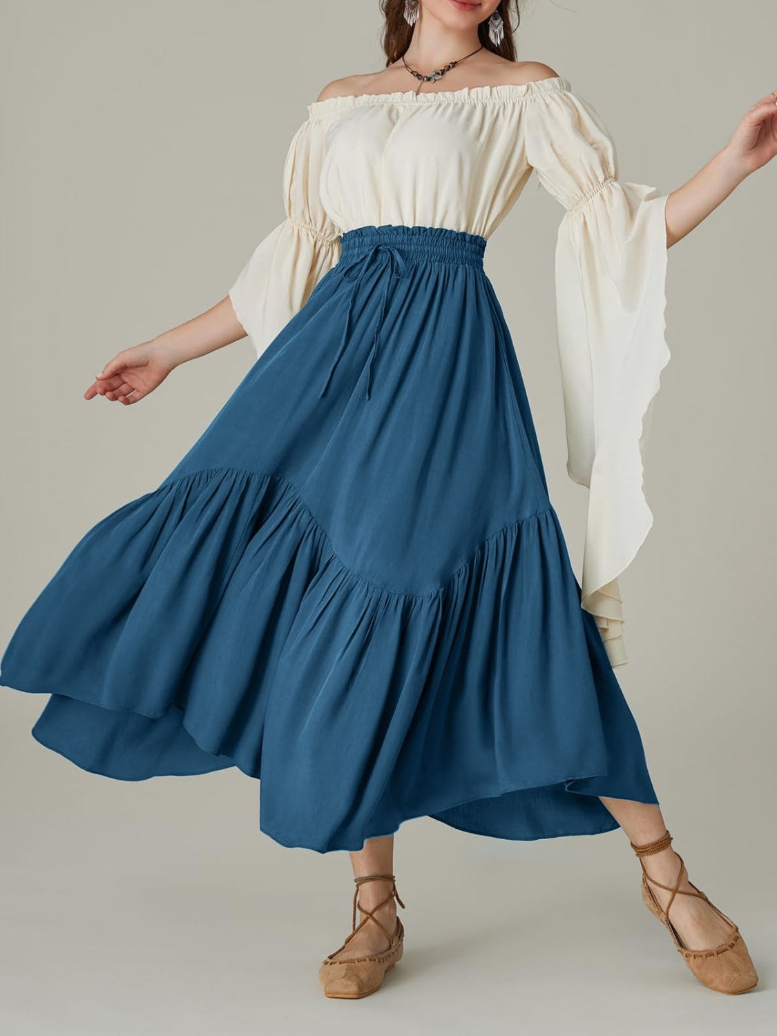 Smocked Waist Band Ruched Layered Skirt Deep Teal