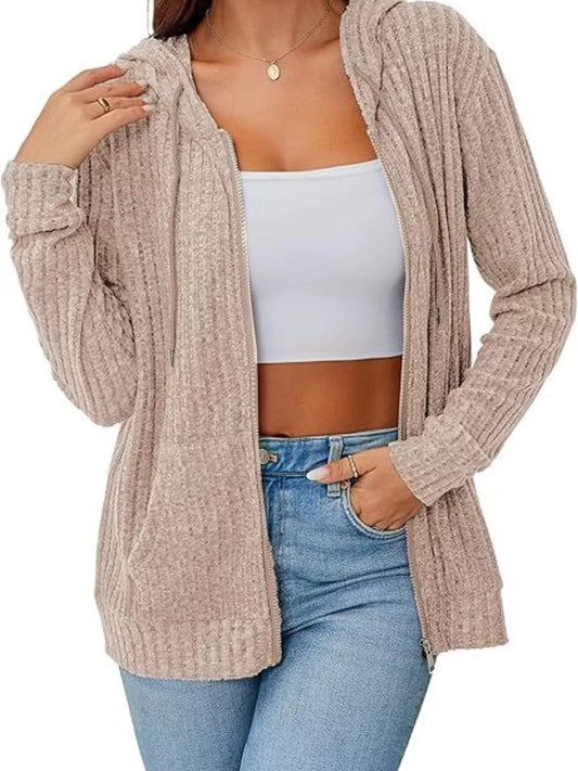 Ribbed Zip Up Hooded Outerwear Light Brown