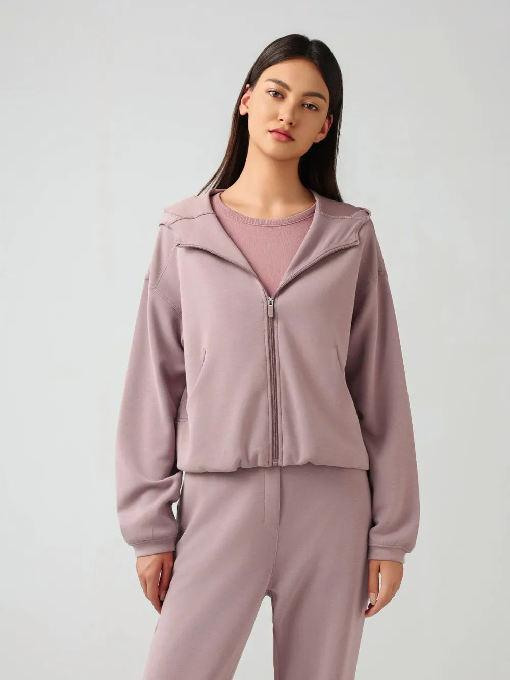Millennia Zip Up Dropped Shouder Active Hooded Dusty Pink
