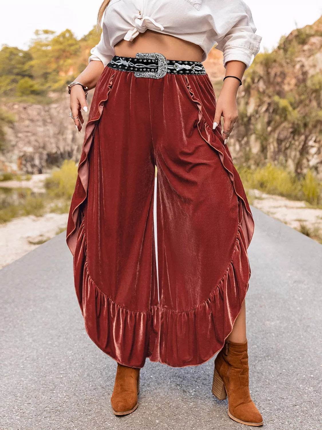 Plus Size Velvet Ruffle Hem Wide Leg Pants Rust