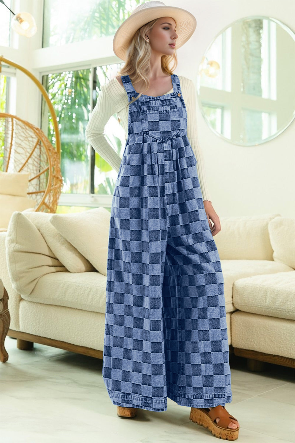 Double Take Checkered Sleeveless Wide Leg Denim Jumpsuit Medium