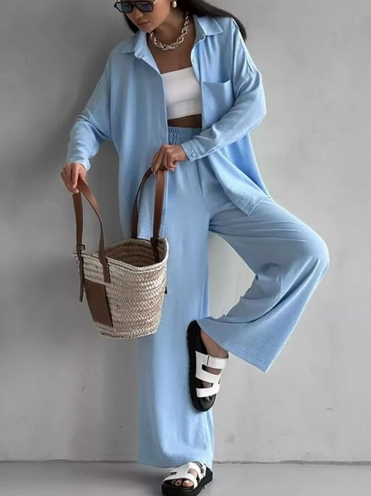 Button Up Long Sleeve Shirt and Pants Set Light Blue