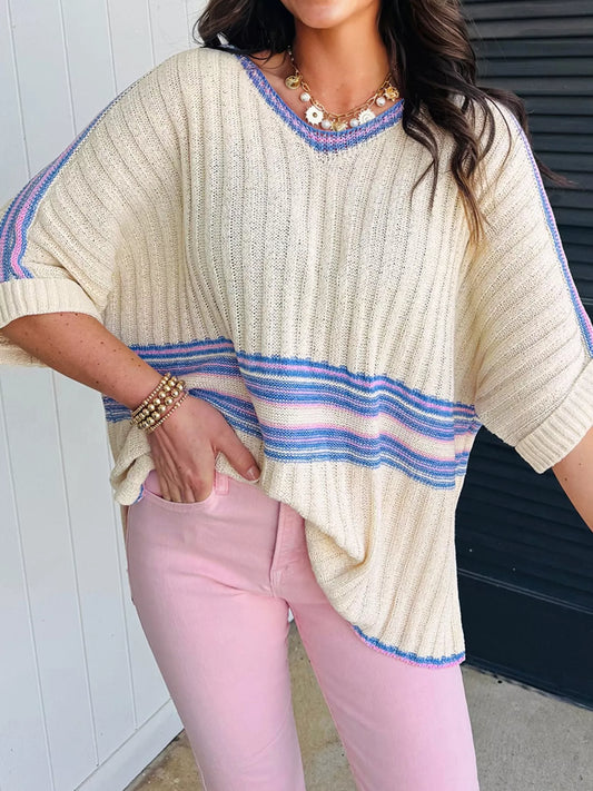 Striped V Neck Dolman Sleeve Rib Knit Oversized Sweater with Slits