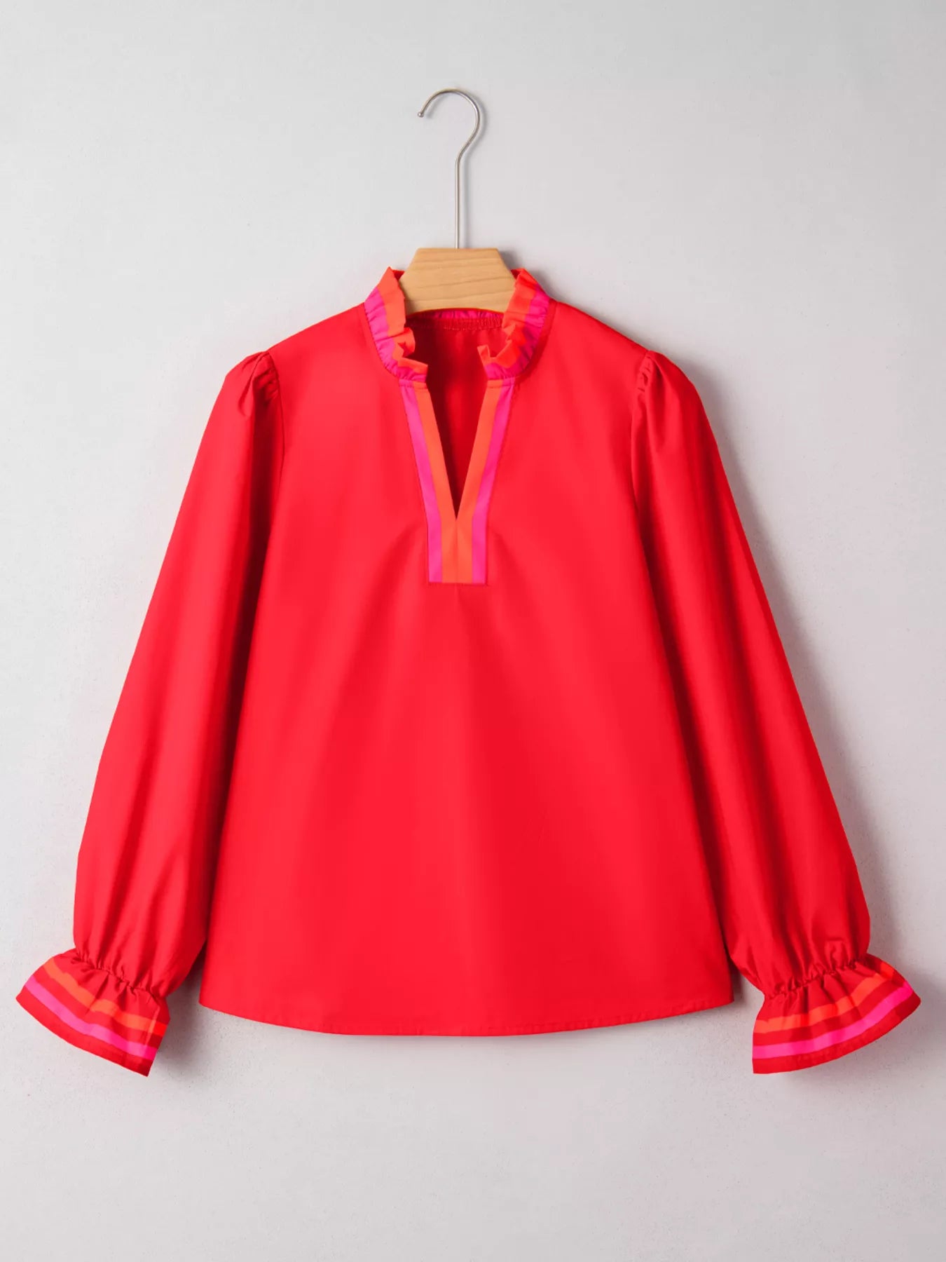 Striped Trim Ruffle Split Neck Long Sleeve Blouse