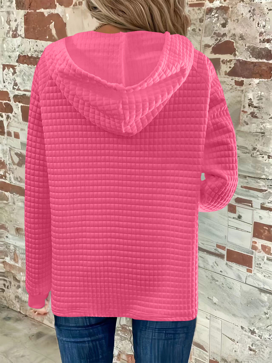 Full Size Texture Button Detail Drawstring Long Sleeve Hoodie Hot Pink