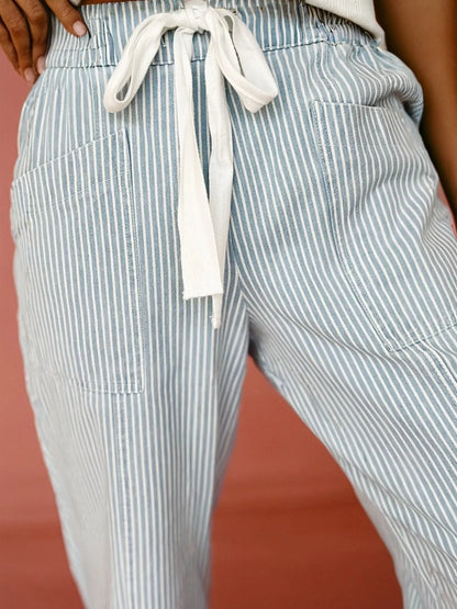 Stripe Mid Rise Drawstring Waist Jeans
