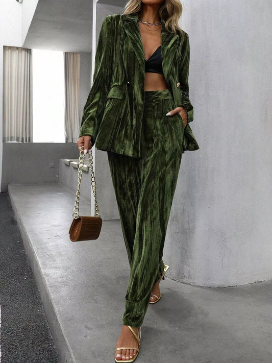 Lapel Collar Long Sleeve Blazer and Pants Set