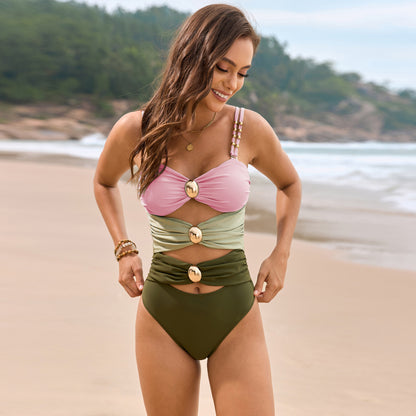 Color Block Sweetheart Neck One-Piece Swimwear Blush Pink 2XL