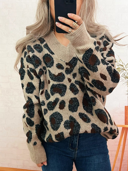 Leopard V-Neck Drop Shoulder Sweater