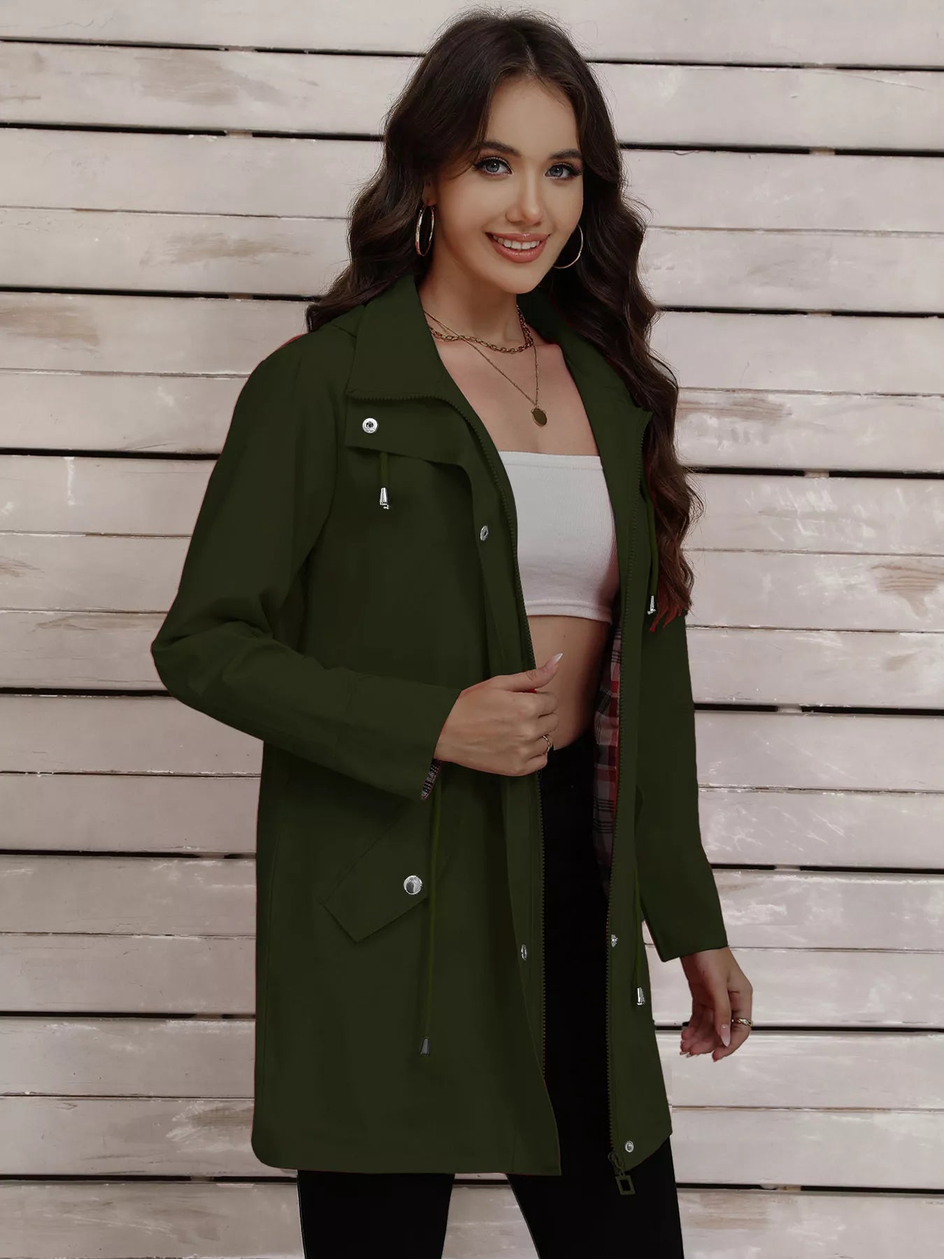 Drawstring Snap-Down Trench Coat Military Green