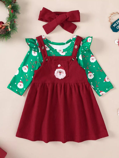 Children's Christmas Bodysuit and Overall Dress Set with Headband Burgundy