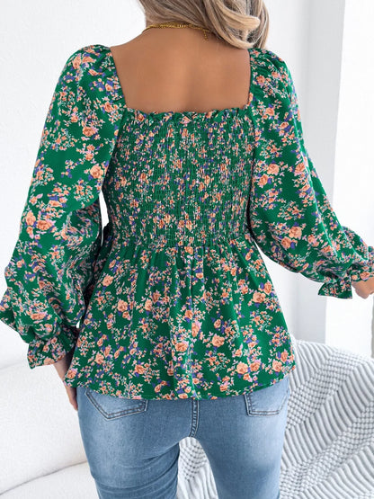 Full Size Floral Print Smocked Long Sleeve Blouse Plus Size