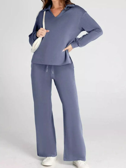 Full Size Johnny Collar Long Sleeve Top and Pants Plus Size Light Indigo