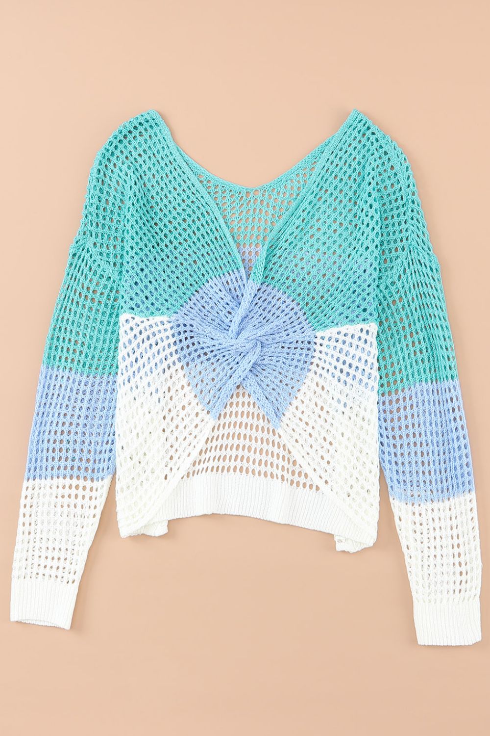 Back To School Sweater - Twisted Back Color Block Long Sleeve Knit Cover Up