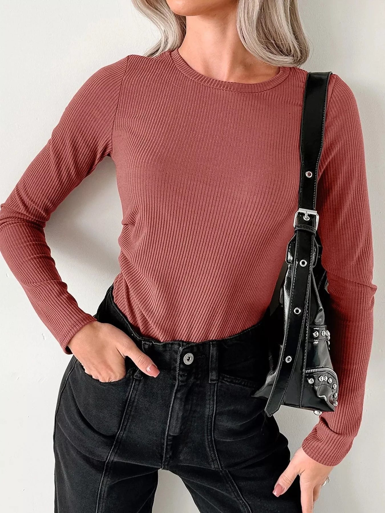 Ribbed Long Sleeve Fitted Bodysuit Dusty Pink