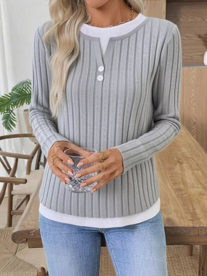 Ribbed Knit Button Detail Contrast Sweater