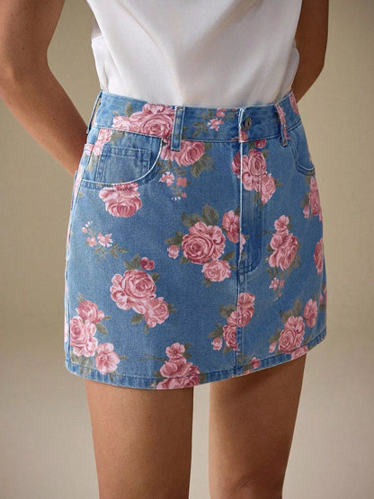 Floral Print Denim Skirt