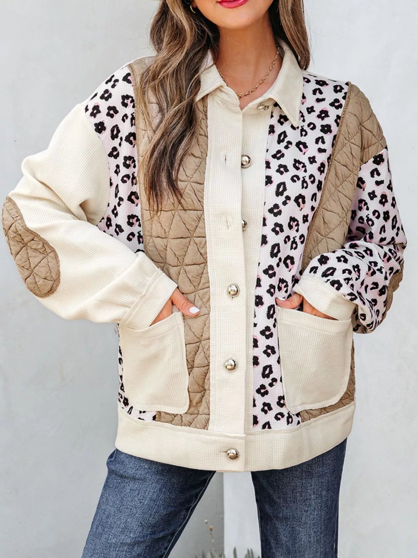 Leopard Waffle Quilted Patchwork Button Front Jacket Camel
