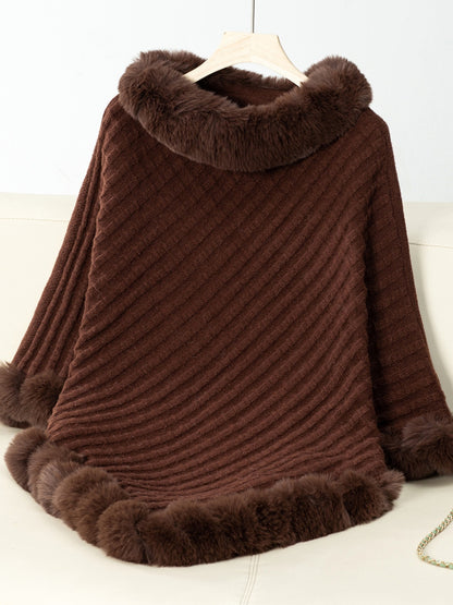 Fuzzy Trim Texture Three-Quarter Sleeve Poncho Chocolate One Size