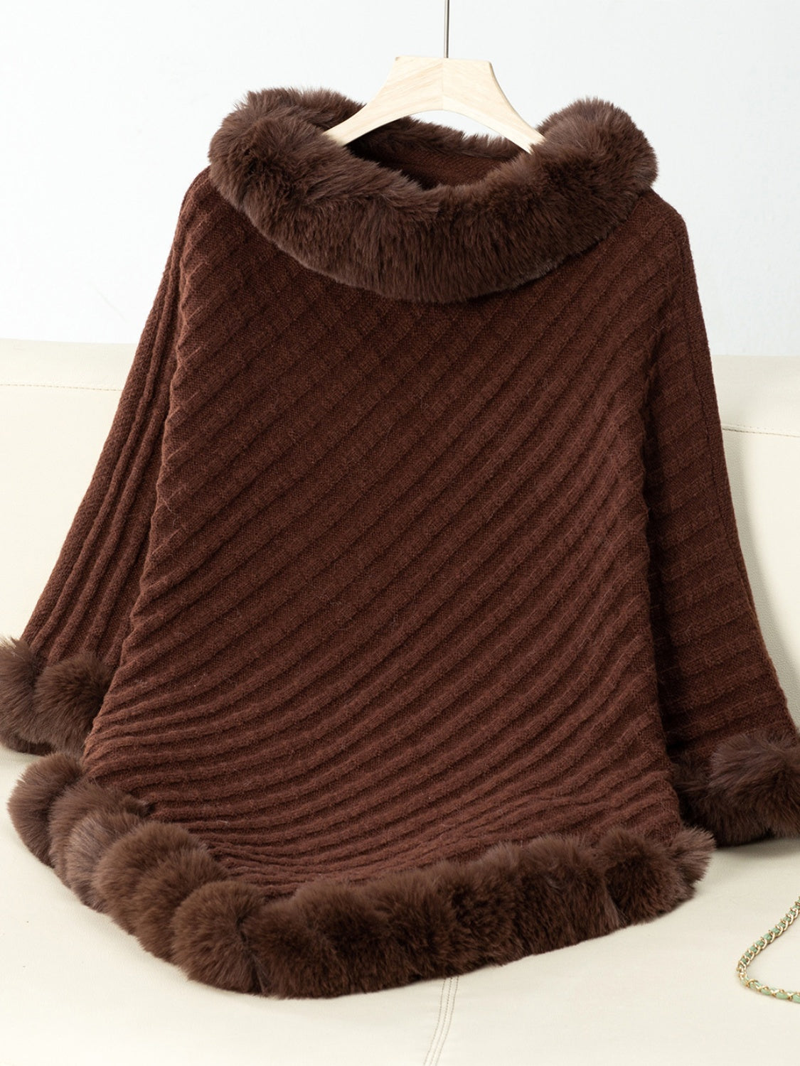 Fuzzy Trim Texture Three-Quarter Sleeve Poncho Chocolate One Size