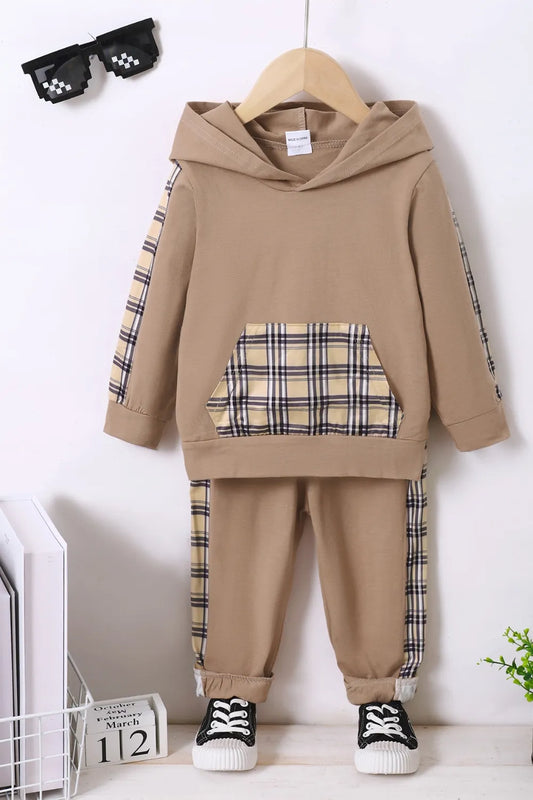 Children's Plaid Hoodie and pants Set Camel