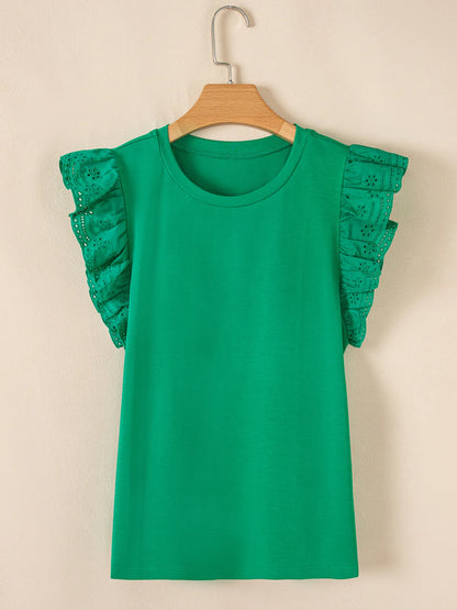 Ruffled Sleeve Slim Fit Crew Neck Top