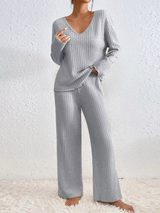 Ribbed V-Neck Top and Pants Set Light Gray