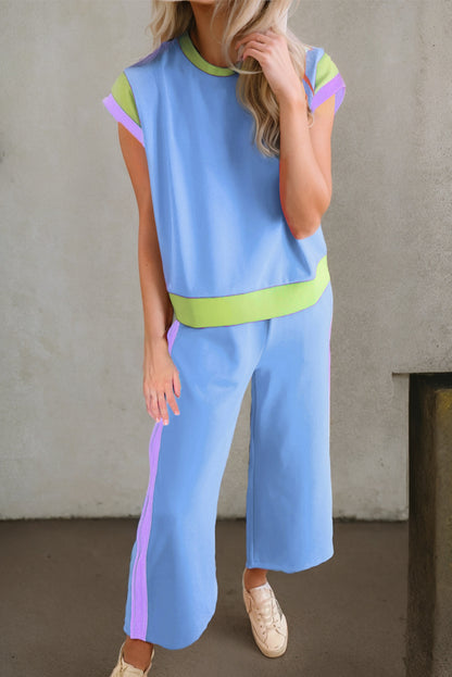 Polyester Two-Piece Set with Contrast Top & Pants