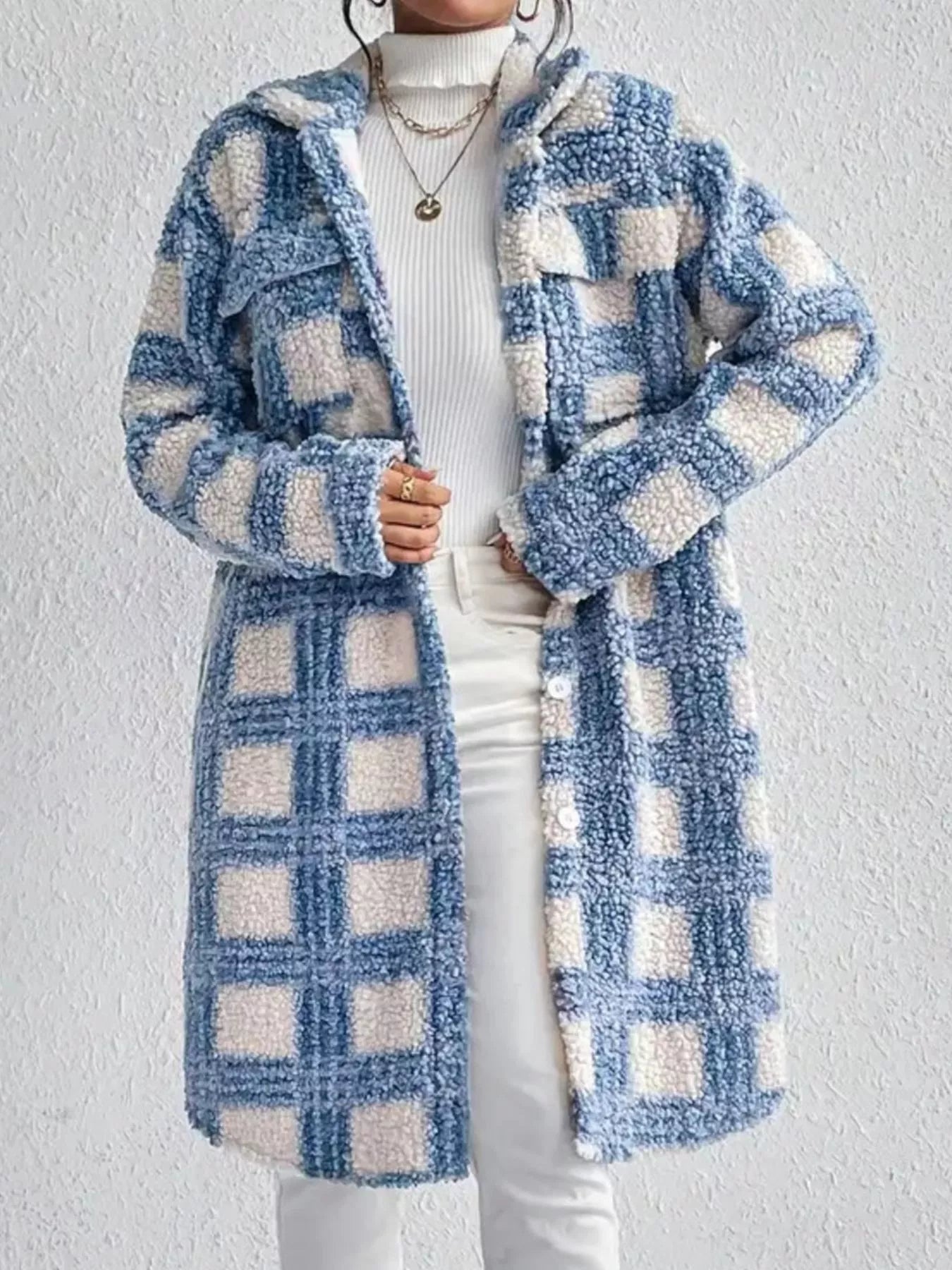 Plaid Button Up Long Sleeve Fleece Coat