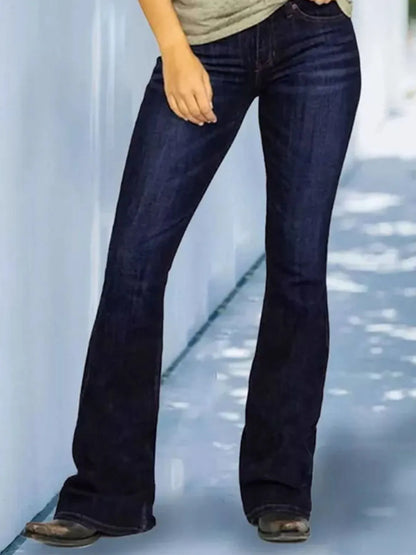 Full Size Wash Flare Jeans with Pockets Plus Size Dark Blue