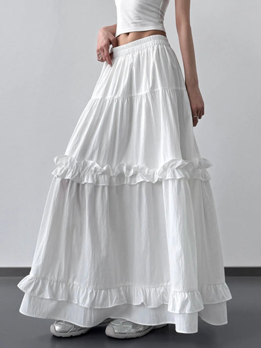 Elastic Waist Ruffle Maxi Skirt White