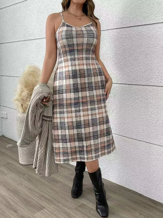 Full Size Plaid Dress & Ribbed Knit Cardigan Set Plus Size