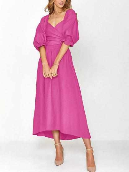 Smocked Puff Sleeves Midi Dress