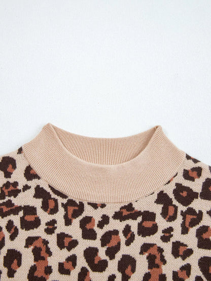 Leopard Print High Neck Shift Mini Sweater Dress