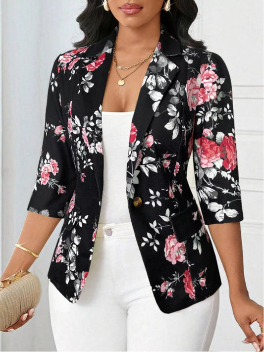 Floral Print One Button Casual Blazer Black