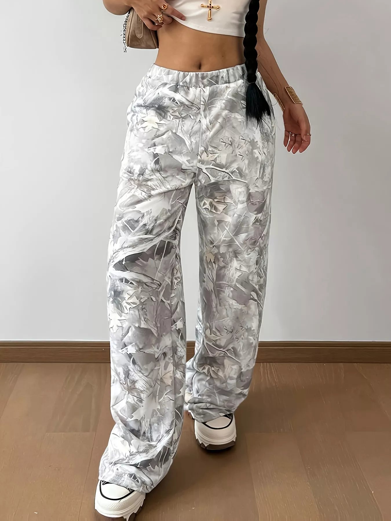 Abstract Print Wide Leg Pants Gray