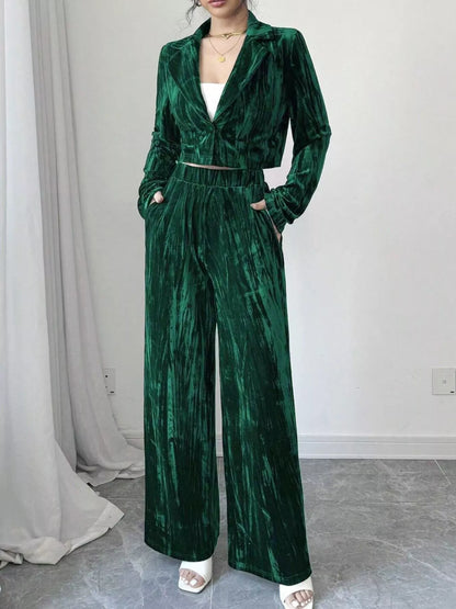 Pleated Velvet Blazer & Wide Leg Pants Set Green