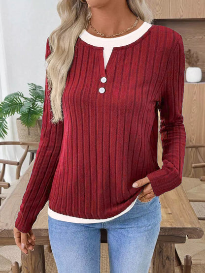 Ribbed Knit Button Detail Contrast Sweater Red