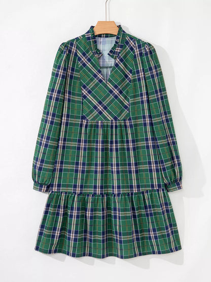 Plaid Frilly Collar Long Sleeve Shift Mini Dress