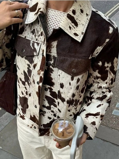 Cow Print Collared Neck Jacket Cow Print